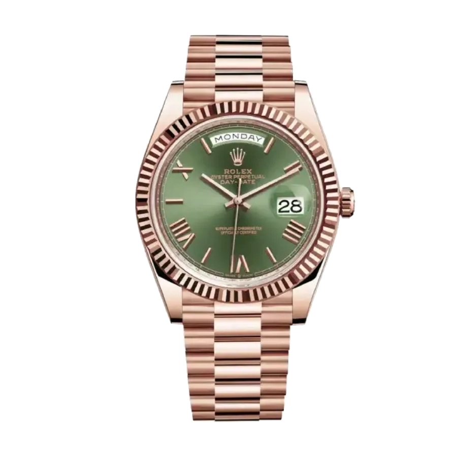 rolex-day-date-rose-gold-green-roman-dial-1 Rolex Day-Date 228235 Everose Green Roman Dial Rose Gold - Image 1